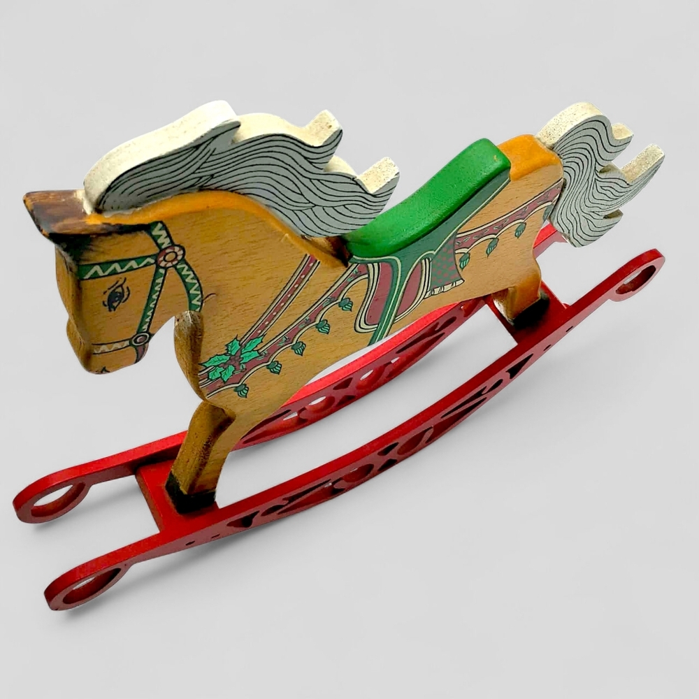 Vtg Christmas Hand Painted Wooden Rocking Horse Toy JAC Holiday Decor Folk Art - Picture 3 of 13